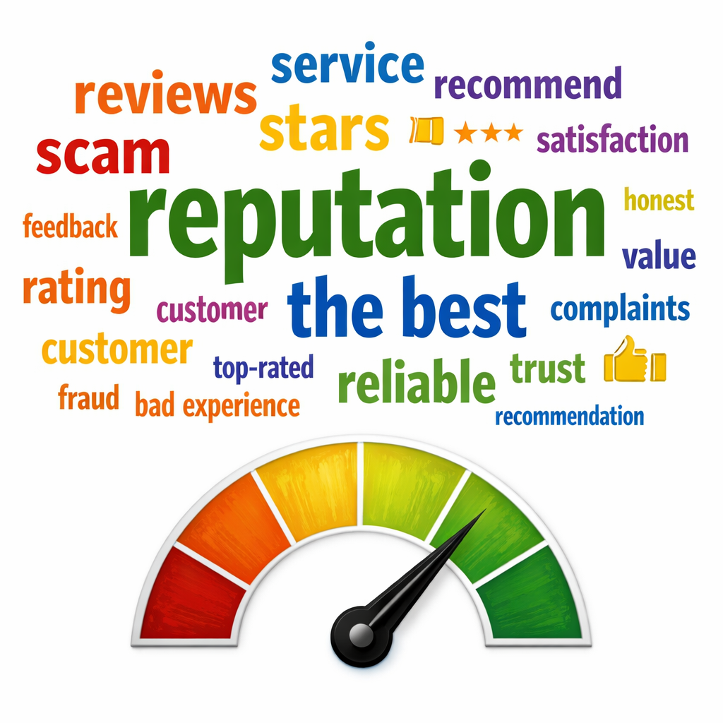 A word usage diagram with different size words  the largest is reputation and others include reviews stars service recommend scam overpriced the best