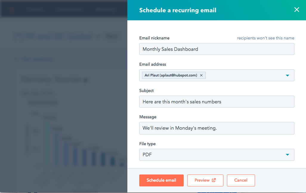 A HubSpot form for setting up a recurring email workflow and scheduling it out.
