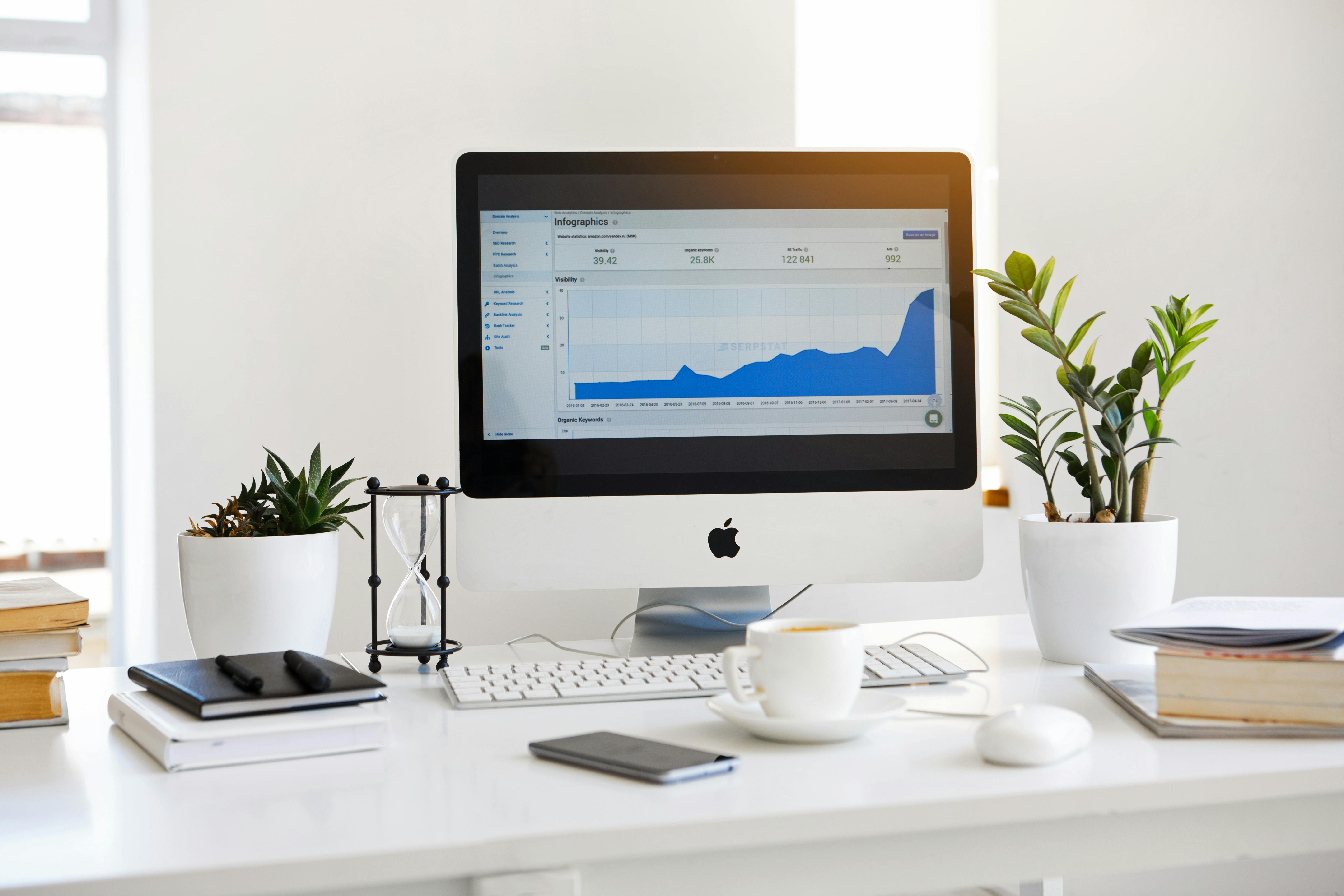 A desktop computer screen sits on a white desk surrounded by a small coffee cup, some notebooks, and potted plants, with its screen on a marketing dashboard showing infographic interactions from various channels (SEO, paid media, and AI Search) rising dramatically over time.