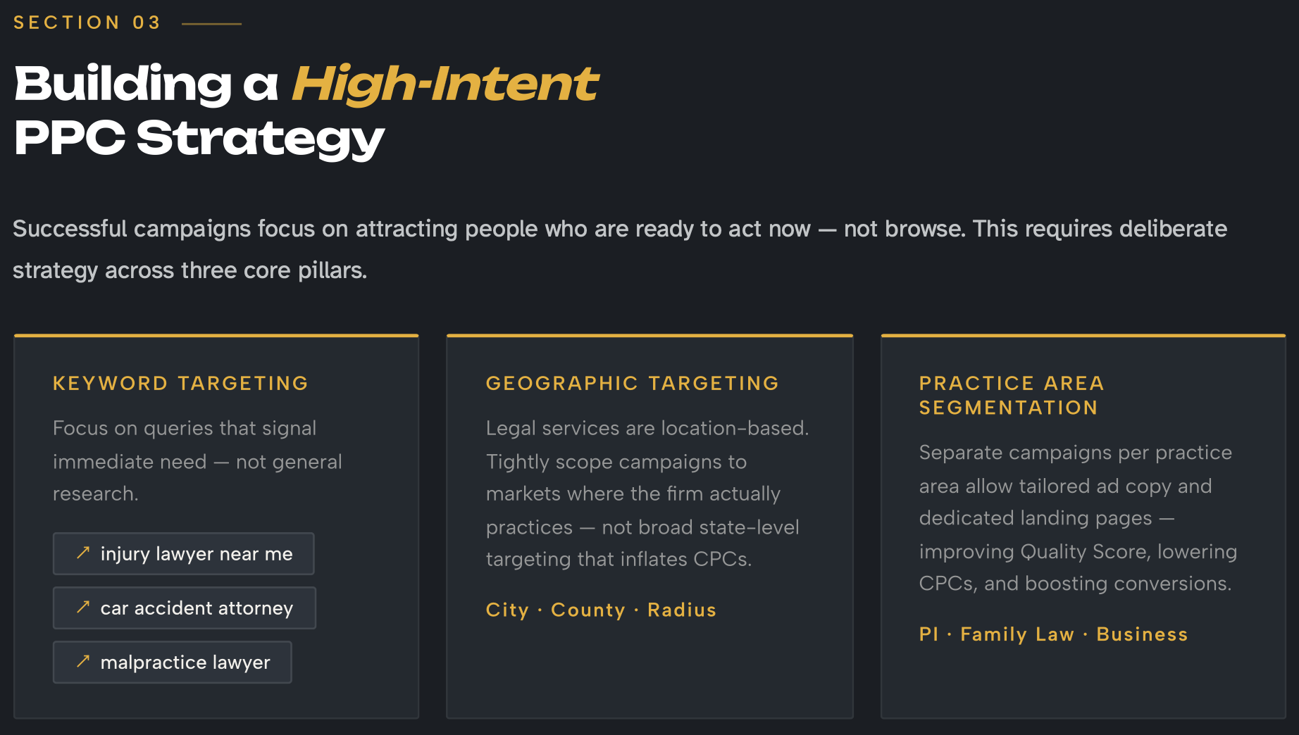 An excerpt from De Novo Digital's Law Firm PPC Guide that shows how to split paid media strategy for law firms across the three core pillars of Keyword Targeting, Geographic Targeting, and Practice Area Segmentation.