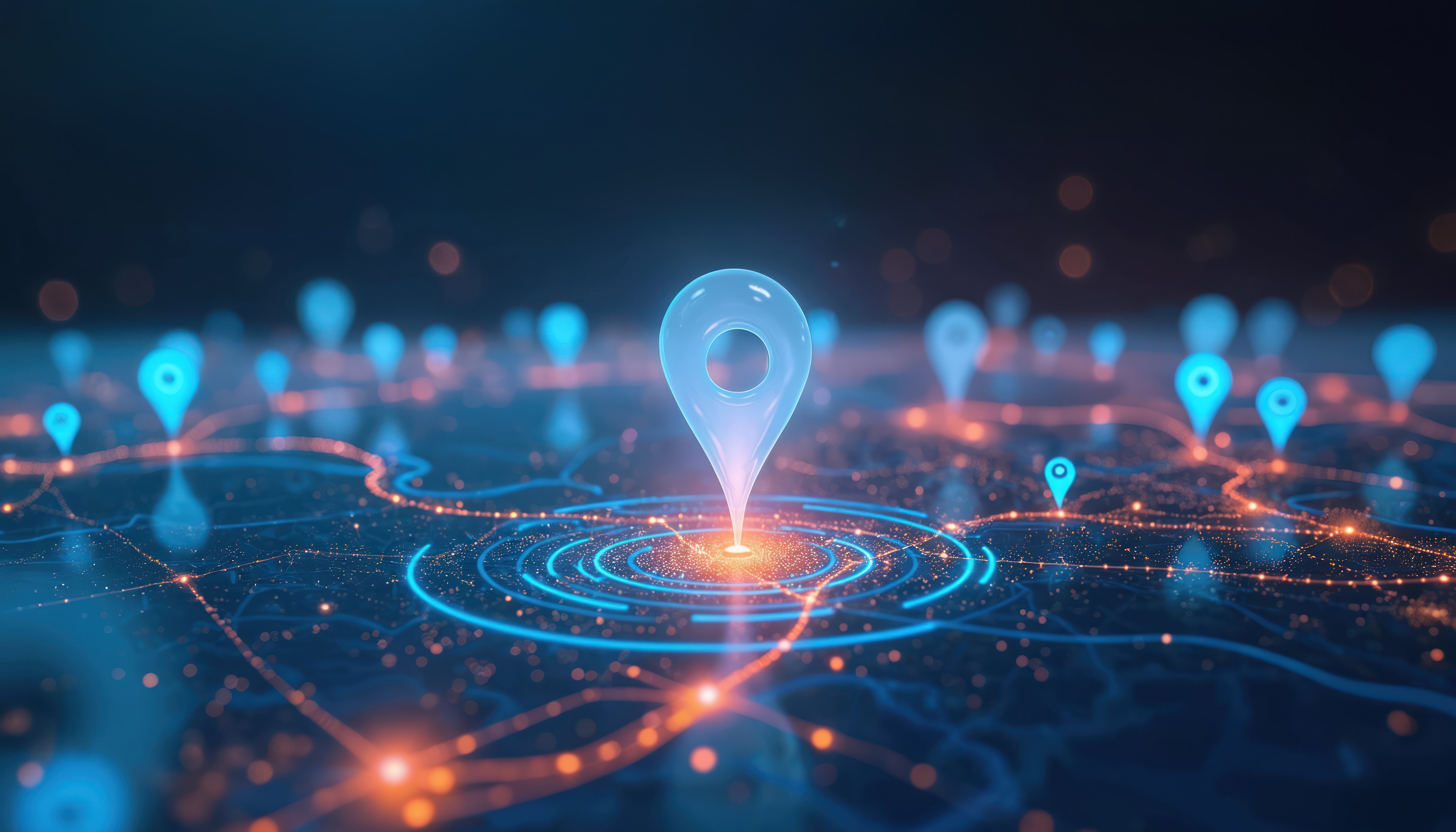 A computer generated image of a glowing map pin touching a a point on an electronic map with the touchpoint lighting up with several concentric circles around it, as other smaller pins around the map are connected by a lit up routes.