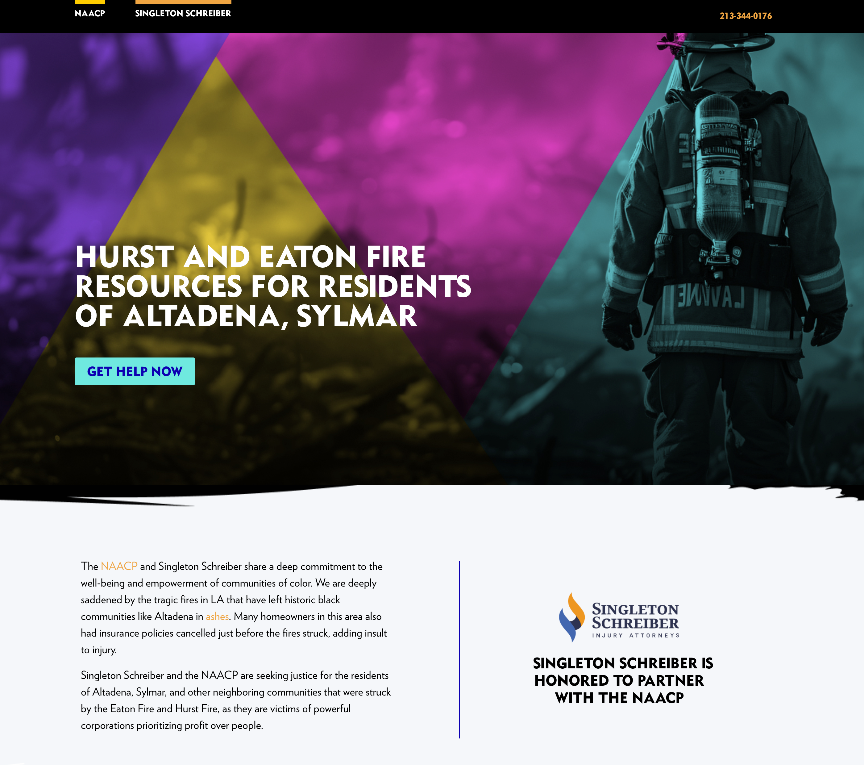 A sample landing page from a website featuring resources for victims of the 2025 LA wildfires in Altadena, highlighting a local law firm's partnership with the NAACP and their commitment to helping victims of the fires.