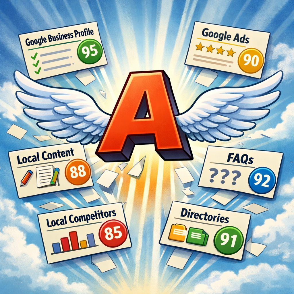 An illustration of local SEO audit results for various categories like Google Business Profile, Directories, and Local Content.