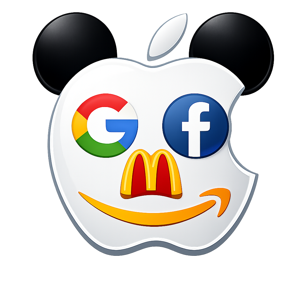 A computer generated image of just a few different popular brand logos in the shape of a human face, with a big Apple logo for the head. On it, there is an Amazon arrow for the smile, a Google "G" and a Facebook "F" in circles for eyes, a McDonalds "M" logo for the nose, and Mickey Mouse ears.