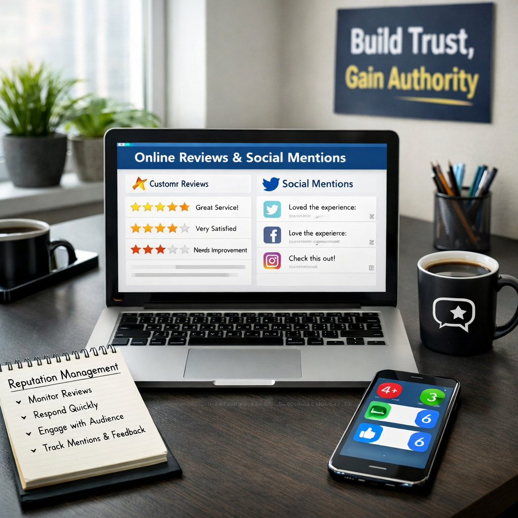 A computer screen showing various metrics to monitor online reputation.
