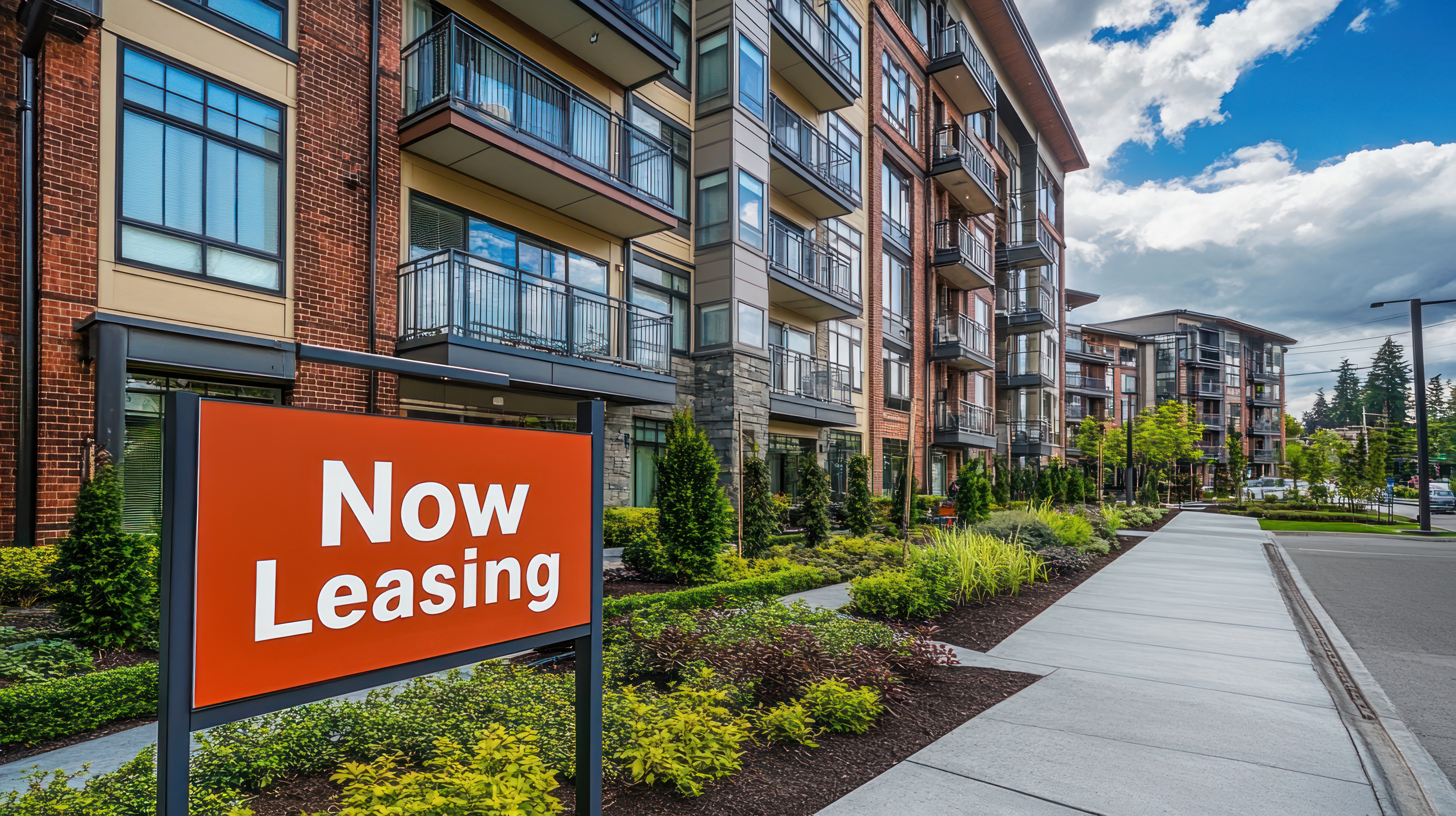 A new multifamily apartment complex with a big, red "Now Leasing" sign in front of it - the building is six stories with brick, stone, steel, and concrete massing and large balconies overhanging the front of each unit.