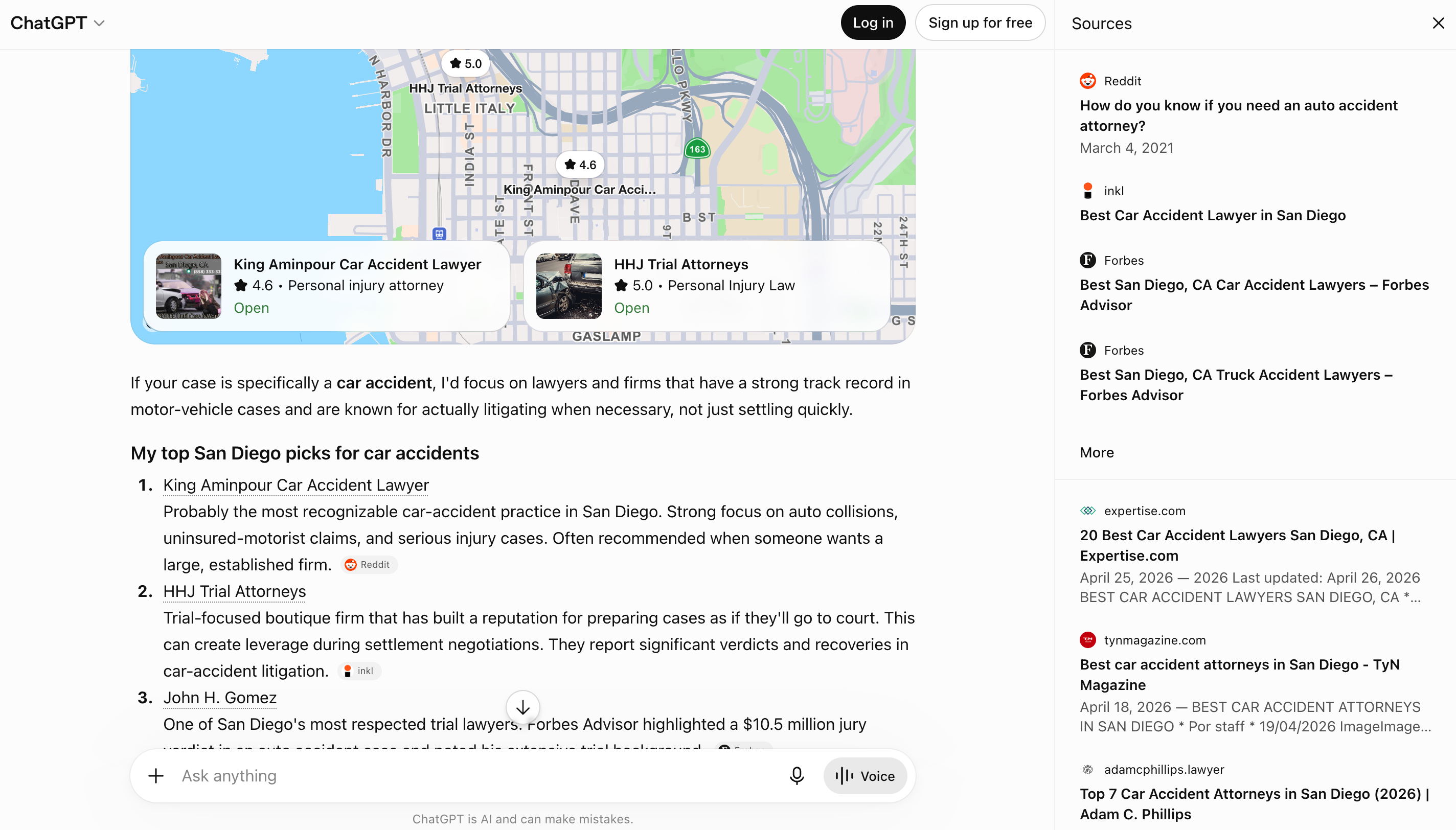 A screenshot of a ChatGPT search for a local car accident attorney in San Diego, showing a map that resembles a Google Local Pack snippet and a list of sources on the side that include Reddit, industry blogs, directories, and listicles published by major business outlets.
