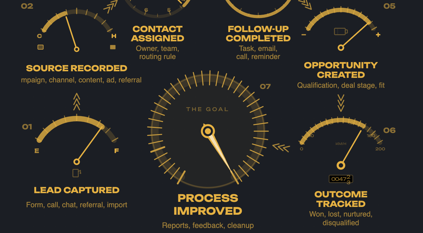 A graphic from De Novo Digital showing a control panel dashboard with gauges styled after a car's dashboard for "Lead Captured," "Source Recorded," "Contact Assigned," "Follow-Up Completed," "Opportunity Created," "Outcome Tracked," and "Process Approved"