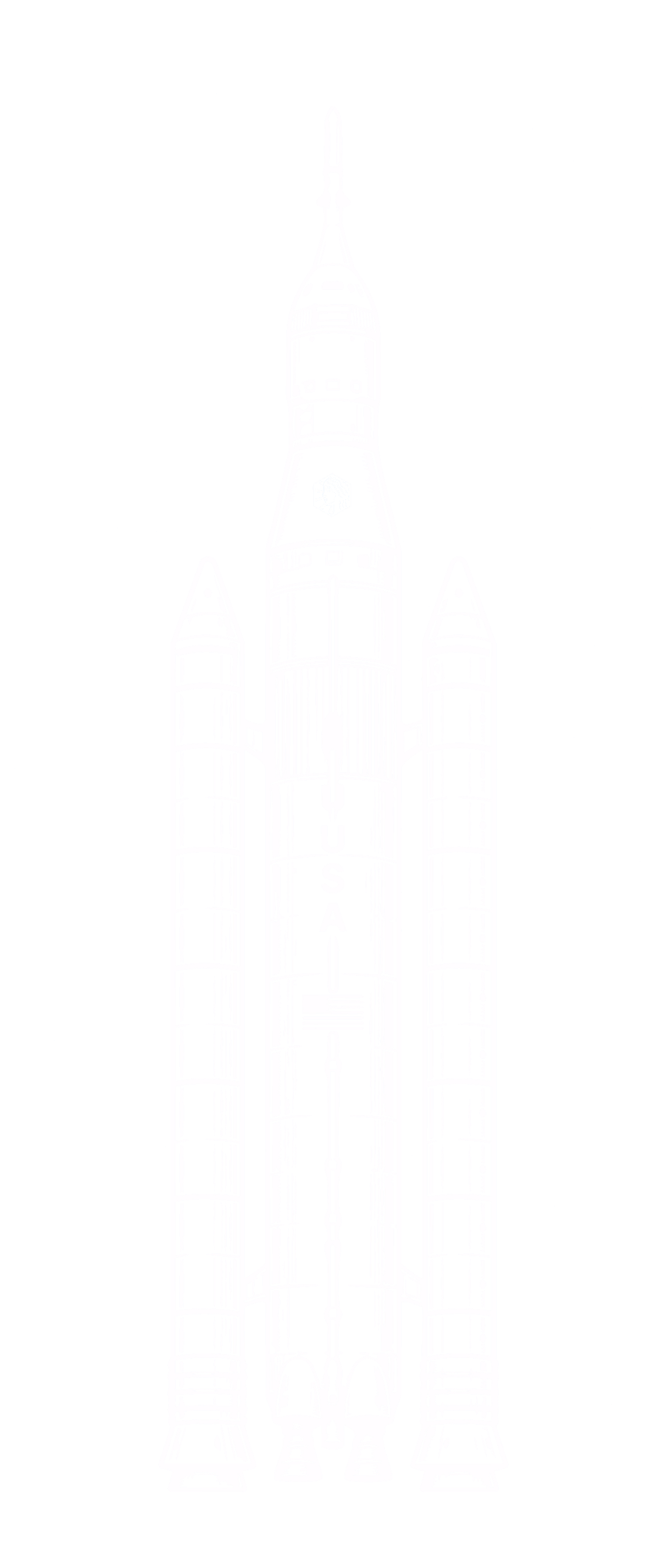 Etched illustration of a rocket on the launch pad